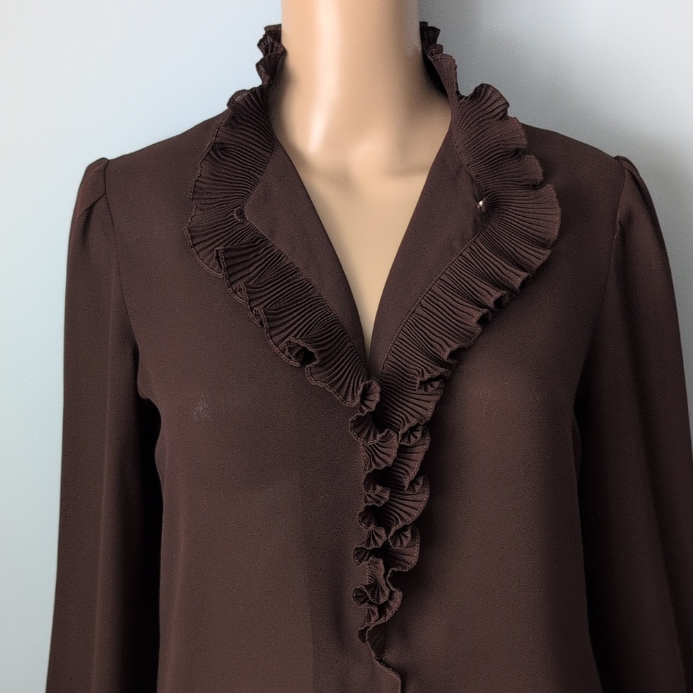 Vintage Whimsigoth Chocolate Brown Pleated Ruffled V-Neck Long Sleeve Blouse - Picture 6 of 16